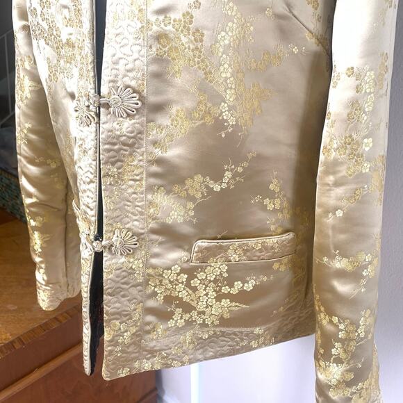 Vintage Chinese Sz L Style Gold Silky Reversible Jacket Floral Embroidered Retro - Picture 7 of 16